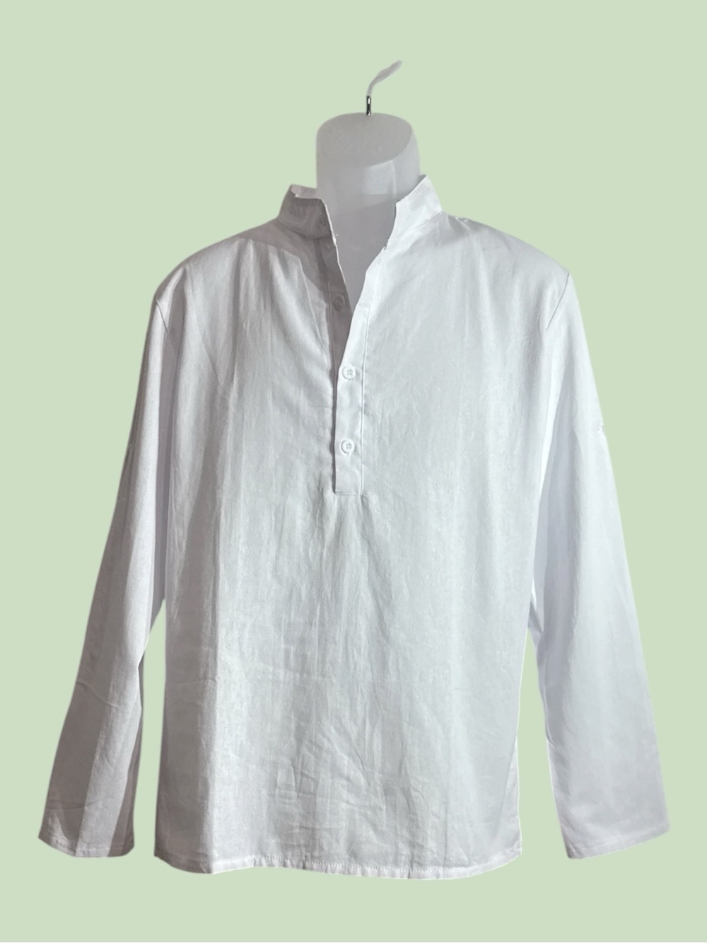Band Collar Cotton Linen Blend Long Adjustable Sleeve Button Front White Small